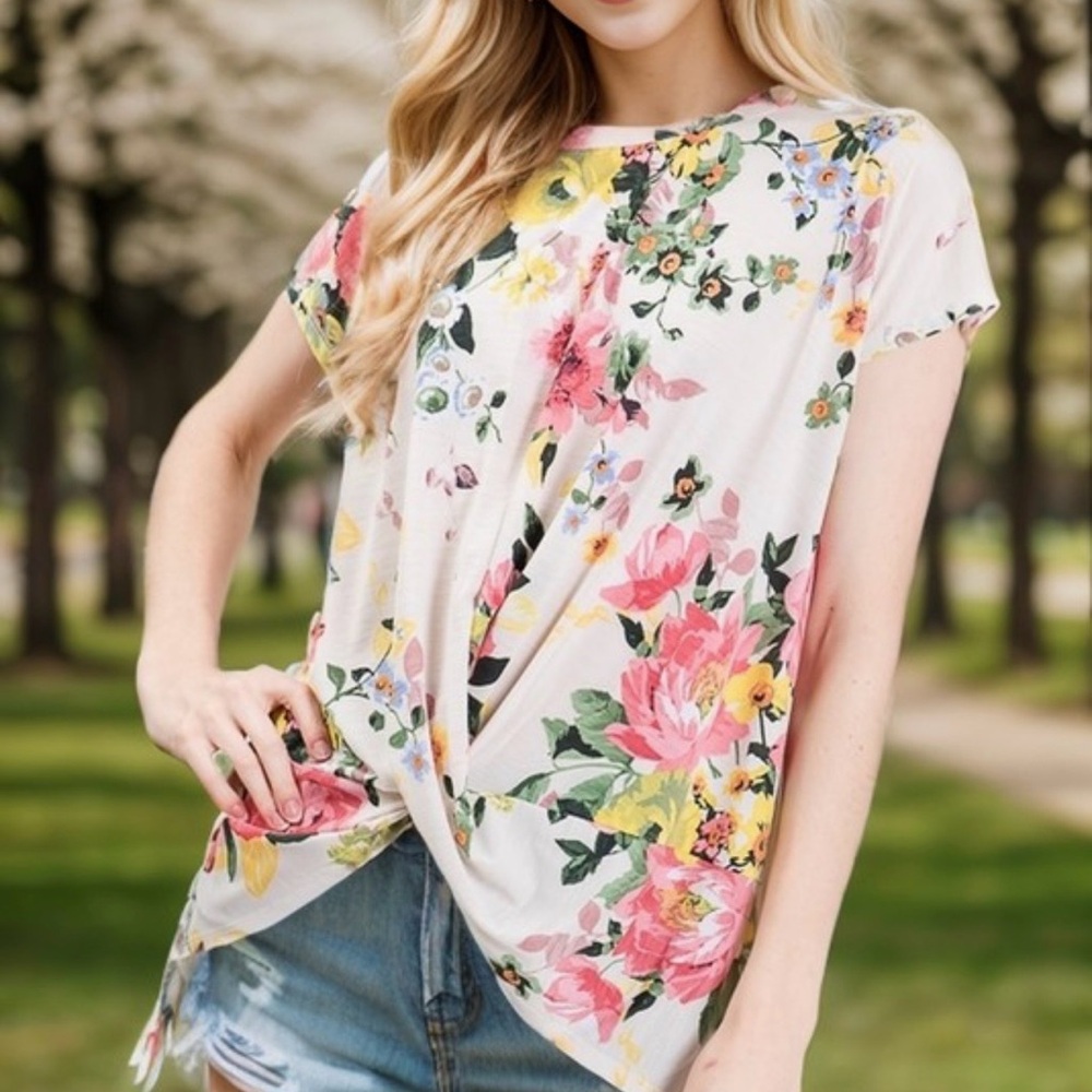 HEIMISH USA White Floral Twist-Front Short Sleeve Top